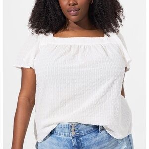 Torrid - Clip Jacquard Square Neck White Cotton Flutter Short Sleeve Top - 3X